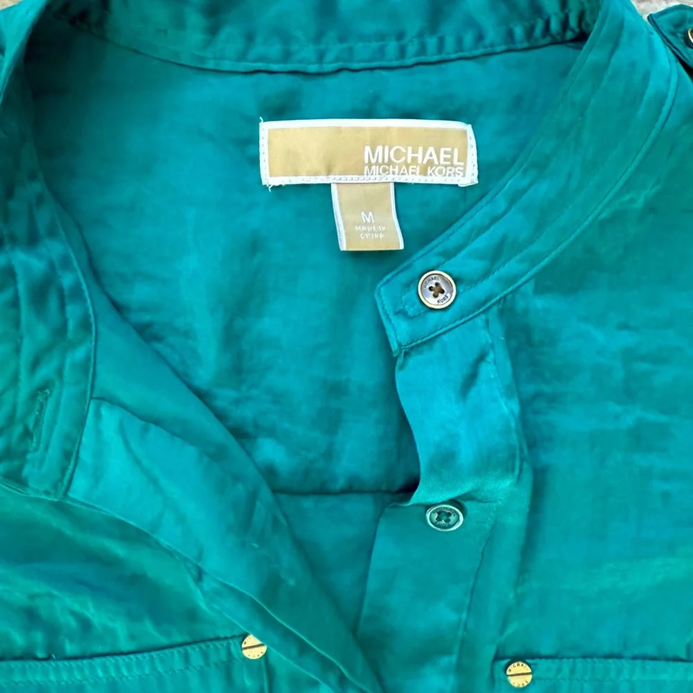 Michael Kors Blue-Green Teal Button Up Utility Shirt Top | Vintage Sheer Blouse - Picture 13 of 13
